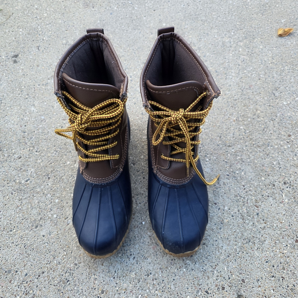 Brown and Navy Duck Boots with Yellow Laces Women Size 8
